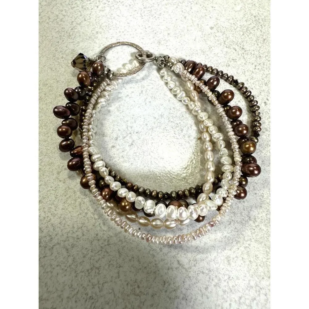 Multi Strand Freshwater Pearl Bracelet Sterling Toggle Brown Ivory